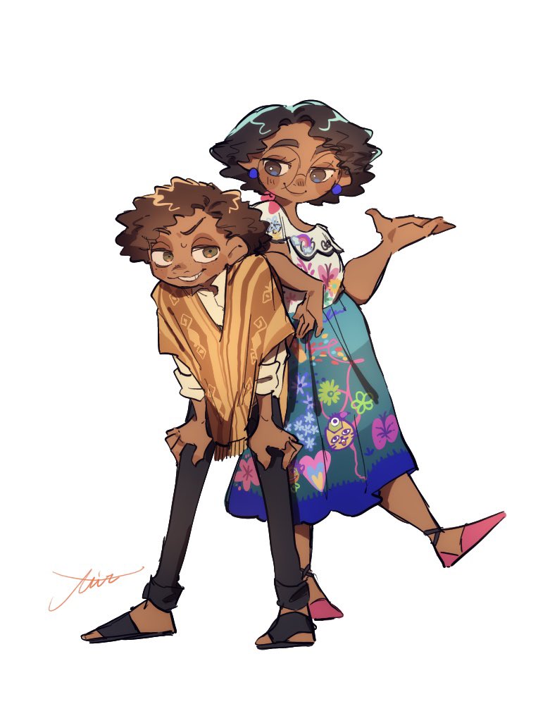 camilo madrigal, mirabel madrigal, encanto, 1boy, 1girl, afro, arepa, brown eyes, brown hair, colombian clothes, curly hair, dark-skinned female, dark-skinned male, dark skin, earrings, hourglass print, jewelry, miz esc, shirt, short hair, simple background, smile, white shirt, yellow poncho