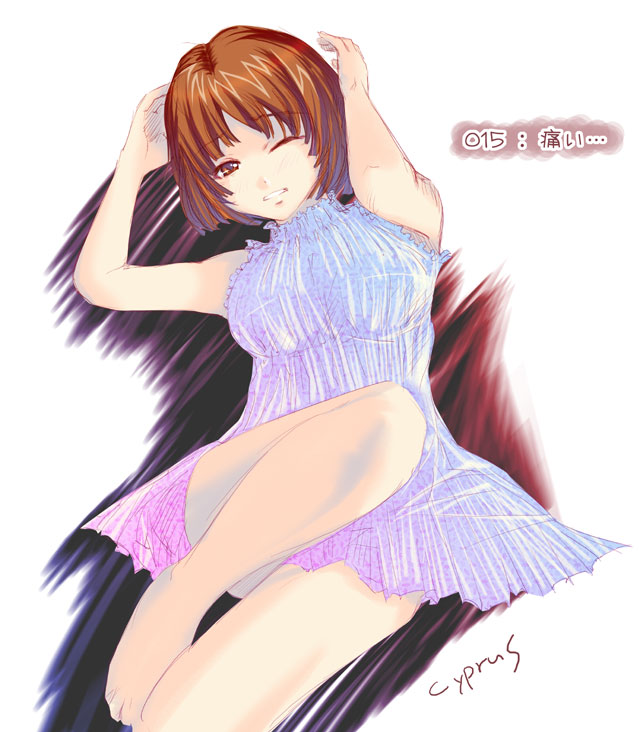 cyprus (circle), original, barefoot, brown eyes, brown hair, dress, one eye closed, short hair, solo, wink
