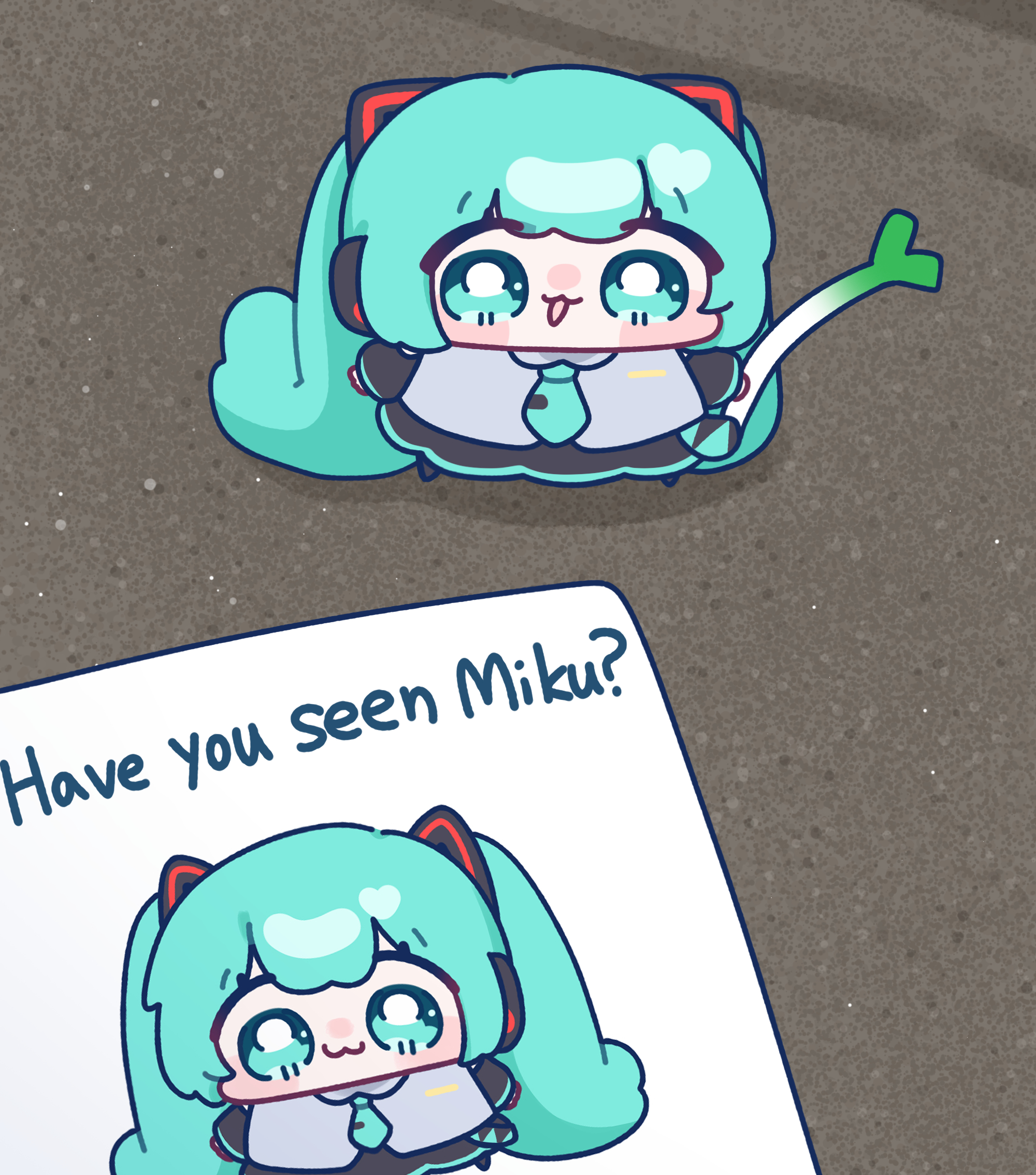 yananang, hatsune miku, vocaloid, highres, :3, absurdly long hair, aqua eyes, aqua hair, aqua necktie, black sleeves, chibi, detached sleeves, english text, headset, long hair, necktie, open mouth, spring onion, twintails, very long hair