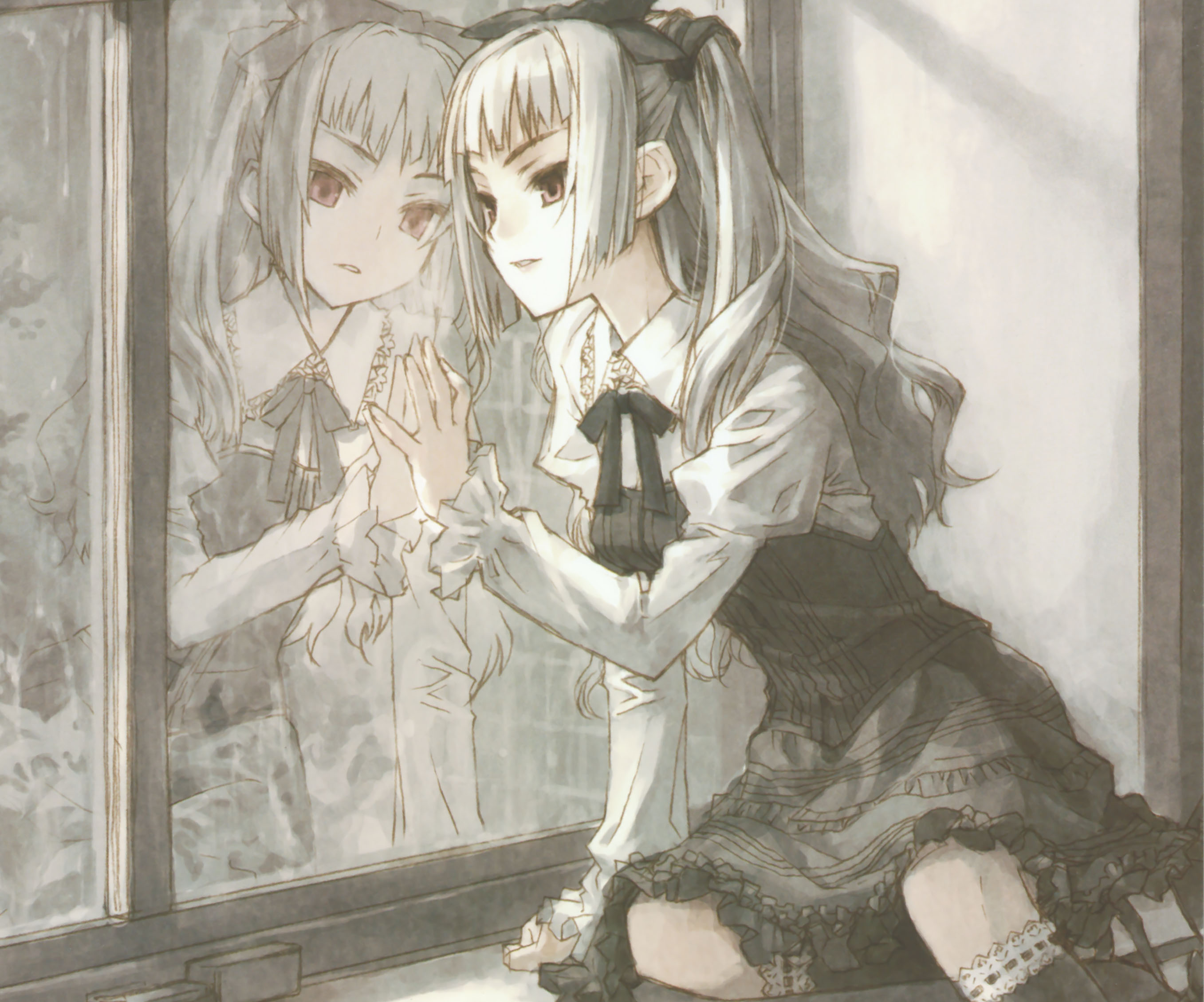 konoe ototsugu, silver hair, highres, 1girl, blunt bangs, different reflection, female focus, frills, gothic lolita, hand on window, hime cut, indoors, lips, lolita fashion, long hair, puffy sleeves, rain, red eyes, reflection, ribbon, sidelocks, sitting, solo, wavy hair, window, windowsill