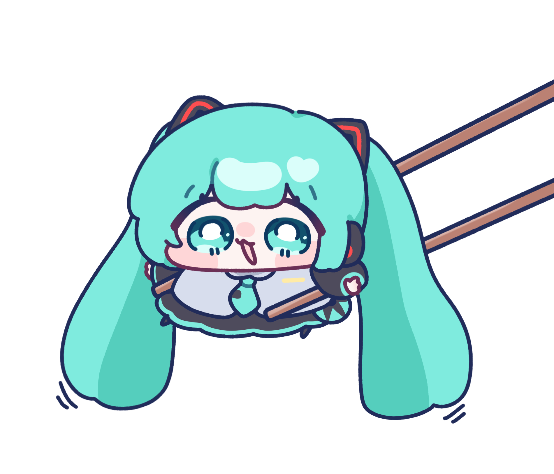yananang, hatsune miku, vocaloid, highres, absurdly long hair, aqua eyes, aqua hair, aqua necktie, black sleeves, chibi, chopsticks, held up, long hair, necktie, open mouth, twintails, very long hair, white background