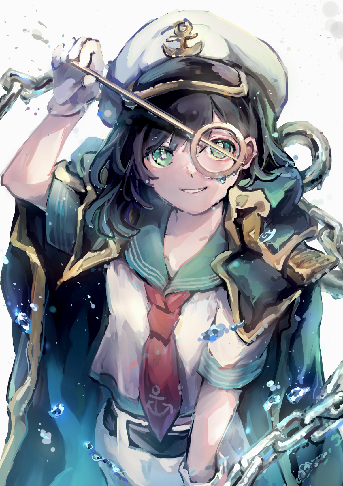 tarutsu, murasa minamitsu, touhou, commentary request, highres, 1girl, anchor, anchor hat ornament, anchor symbol, aqua collar, aqua eyes, belt, black belt, black coat, black hair, chain, coat, collar, collared coat, cowboy shot, grin, hand up, hat, hat ornament, holding, holding ladle, ladle, looking at viewer, medium hair, necktie, open mouth, red necktie, sailor hat, school uniform, serafuku, shirt, short sleeves, shorts, smile, solo, water drop, white background, white shirt, white shorts