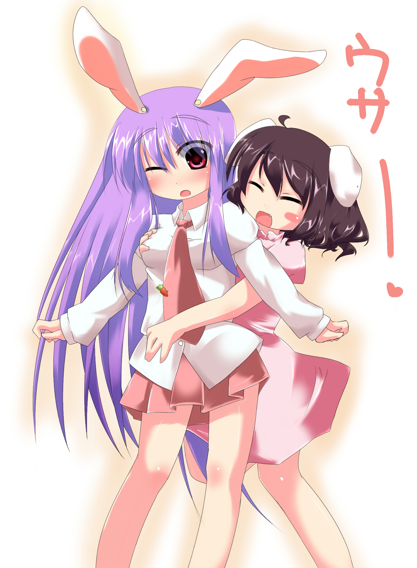 alfred (artist), inaba tewi, reisen udongein inaba, touhou, highres, 2girls, animal ears, black hair, breasts, female focus, grabbing another's breast, groping, hug, long hair, multiple girls, purple hair, rabbit ears, short hair