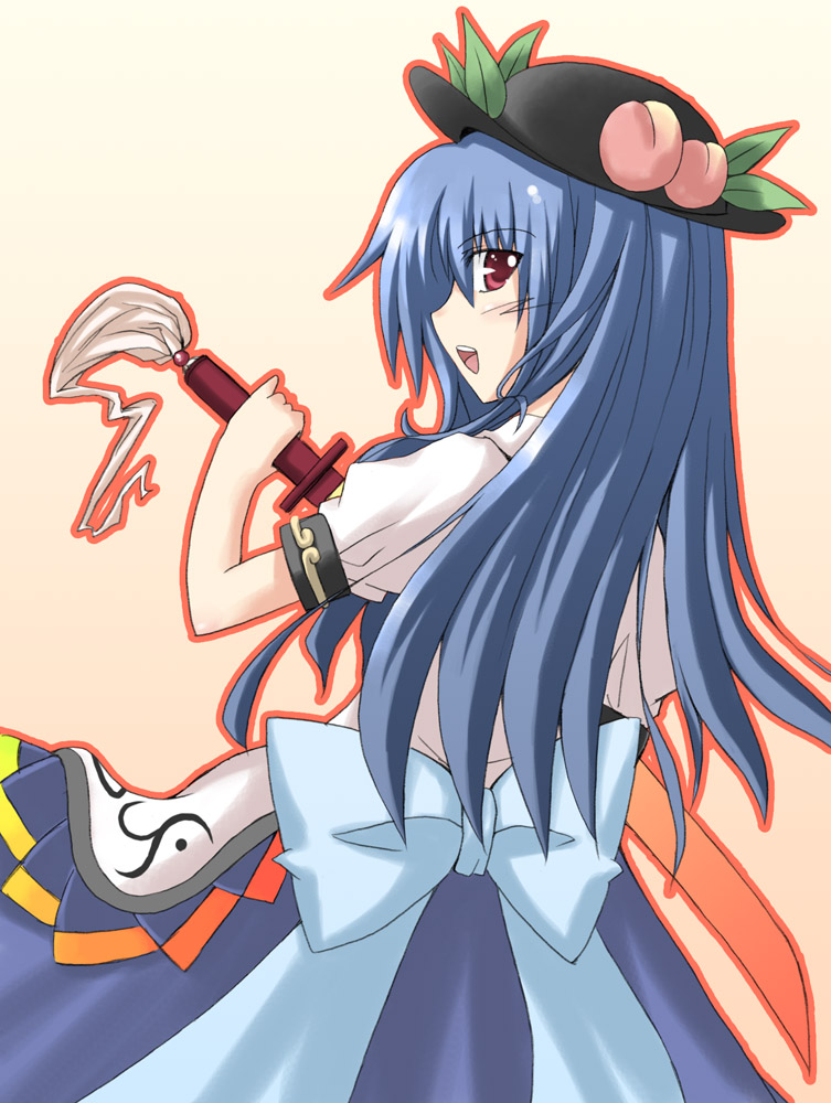 iseki mitsuharu, hinanawi tenshi, touhou, 1girl, blue hair, blue ribbon, female focus, food, fruit, hat, long hair, peach, red eyes, ribbon, solo, sword, sword of hisou, weapon
