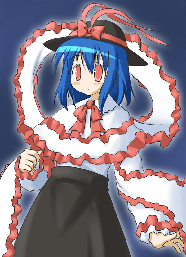 minidraco, nagae iku, touhou, bad id, bad pixiv id, 1girl, blue hair, capelet, female focus, gradient background, hat, ribbon, short hair, solo, standing