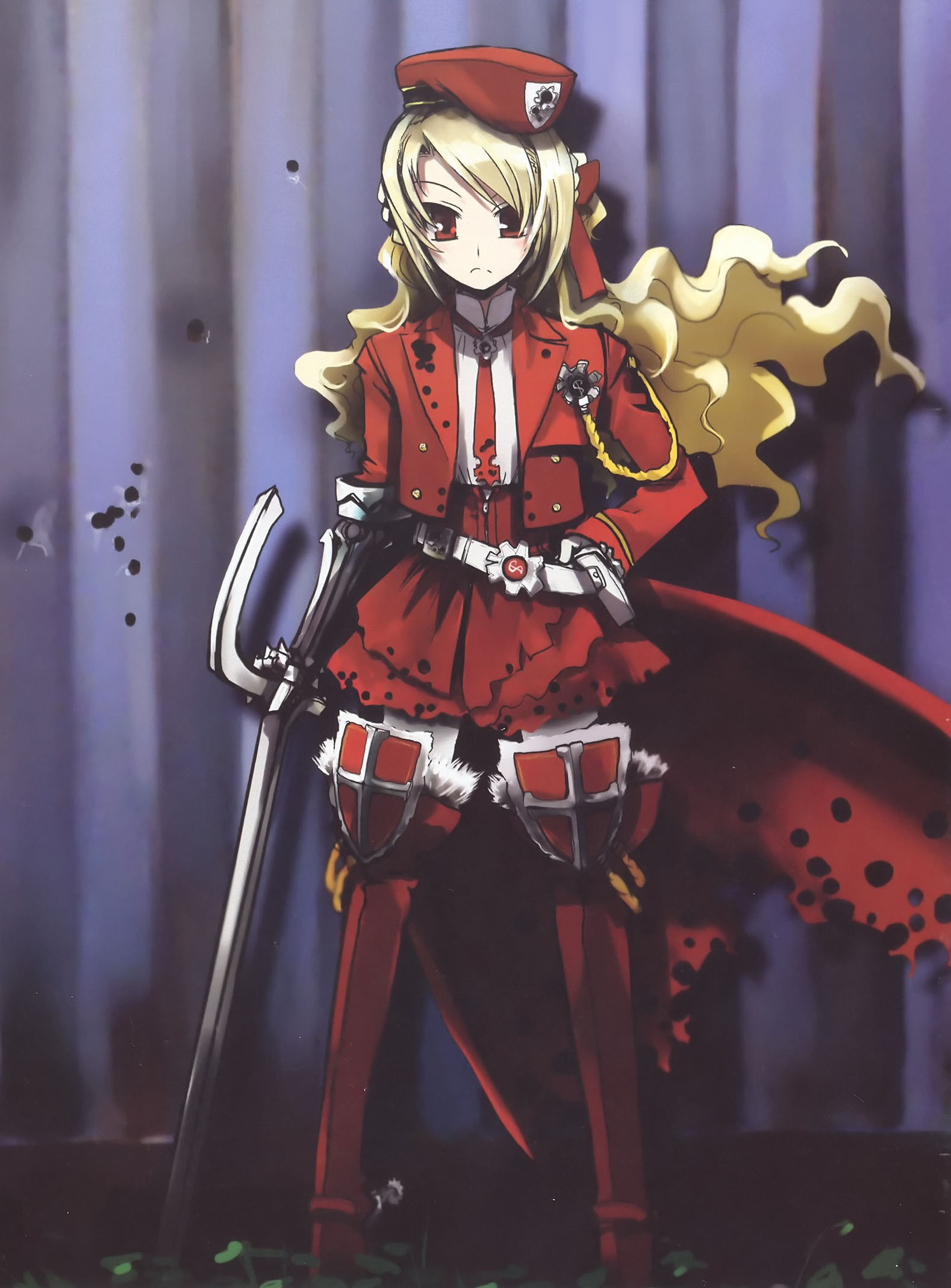 highres, 1girl, belt, beret, blonde hair, female focus, hat, long hair, military, pantyhose, red eyes, ribbon, solo, spurs, sword, weapon, white pantyhose