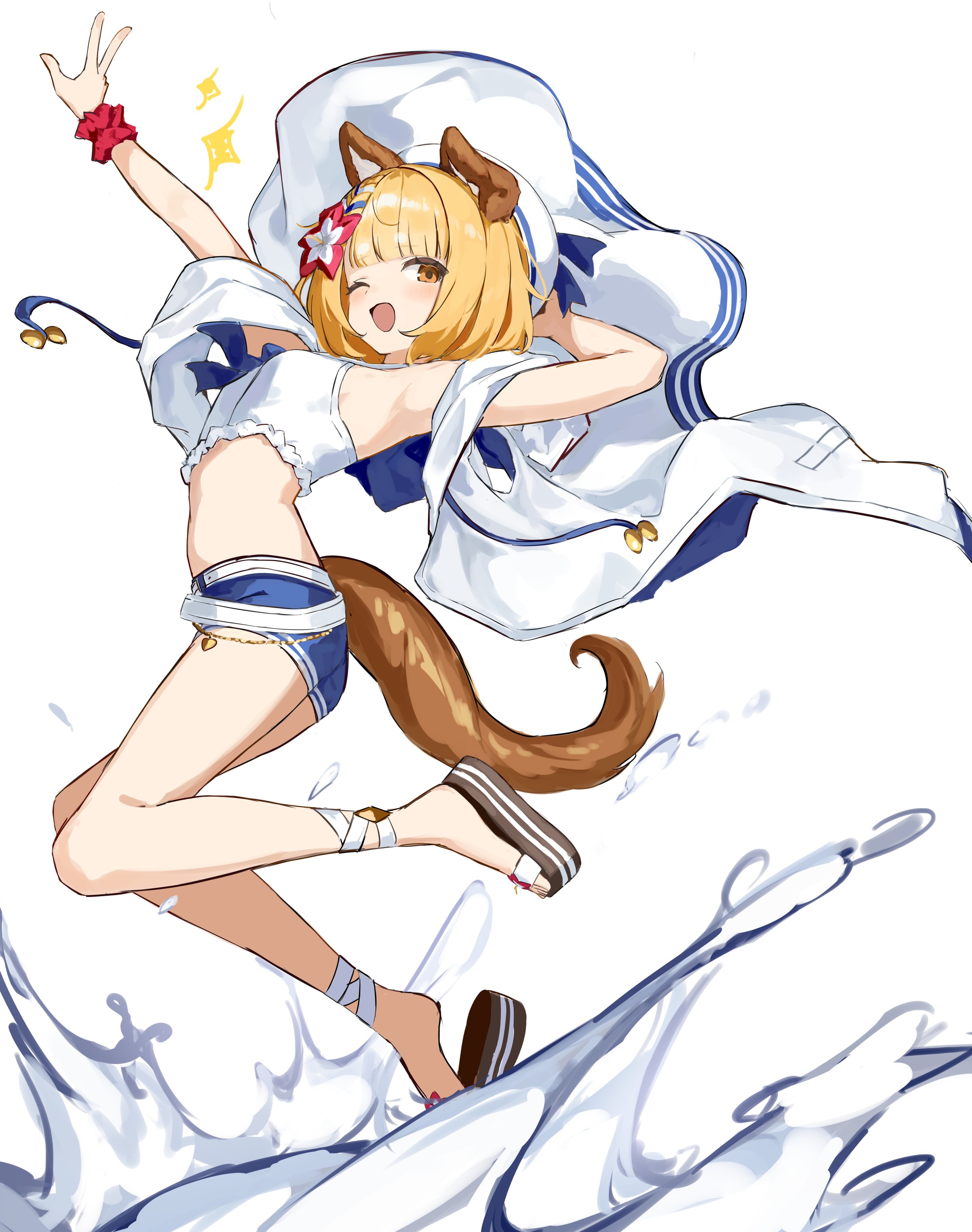 shiro wa (shiroshironix), huang (granblue fantasy), vajra (granblue fantasy), granblue fantasy, absurdres, highres, 1girl, animal ears, arm on own head, arm up, blonde hair, blue hat, blue jacket, blue shorts, brown eyes, cosplay, crop top, flower, full body, hair flower, hair ornament, hairclip, hat, jacket, jumping, legs, looking at viewer, medium hair, multicolored flower, multicolored hat, multicolored jacket, multicolored shorts, one eye closed, open clothes, open jacket, open mouth, parallel hairclips, platform sandals, red flower, sailor jacket, sandals, short shorts, shorts, simple background, sleeveless, solo, tail, tiger ears, tiger girl, tiger tail, two-tone flower, two-tone hat, two-tone jacket, two-tone shorts, v, vajra (granblue fantasy) (cosplay), water, white background, white flower, white hat, white jacket, white shorts