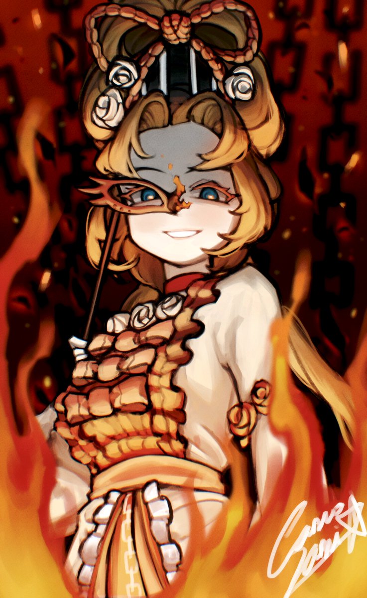 rodion (project moon), limbus company, project moon, highres, 1girl, blue eyes, brown hair, chain, choker, dress, dress ribbon, fire, flower, flower-trimmed dress, grin, holding, holding mask, indicant's trial (e.g.o), long hair, long sleeves, looking at viewer, mask, masquerade mask, red background, red choker, red flower, red rose, rose, sami camo, simple background, smile, solo, updo, upper body, white dress, white flower, white rose