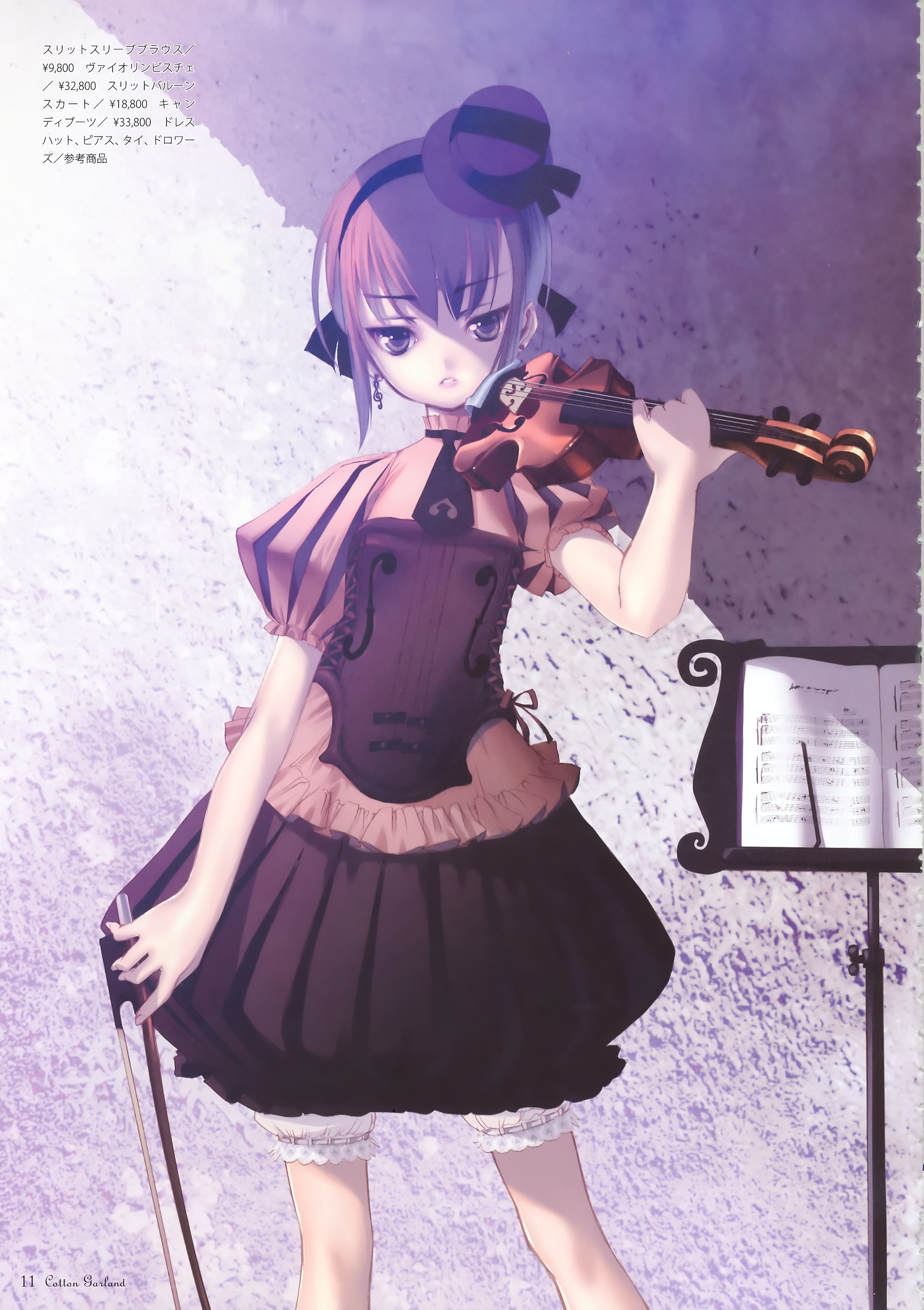 choco (chocolate shop), absurdres, highres, earrings, hat, instrument, jewelry, music stand, purple eyes, short hair, solo, violin