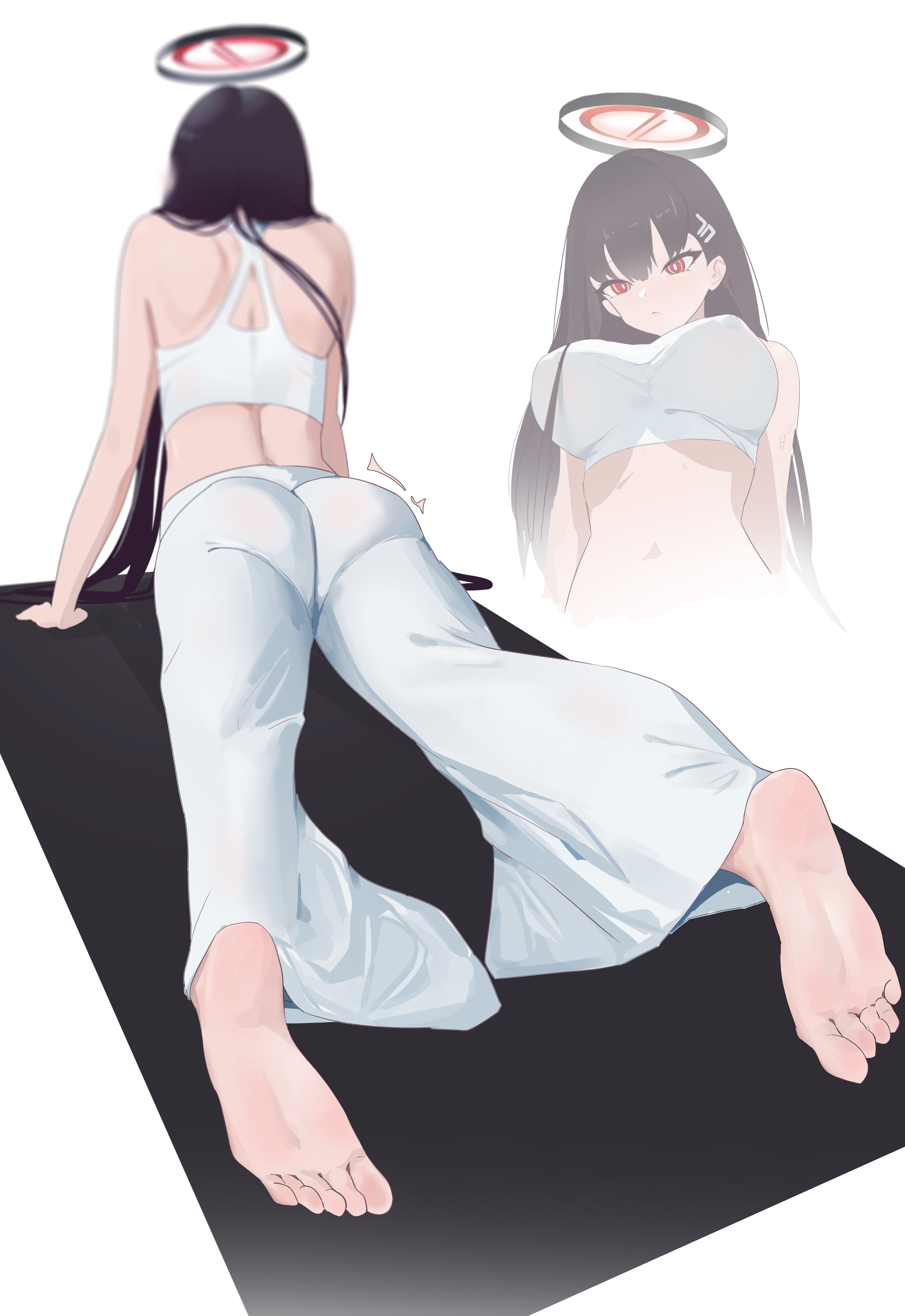 sanseki-hahn, rio (blue archive), blue archive, absurdres, commentary request, highres, 1girl, alternate costume, ass, bare arms, barefoot, black hair, black halo, breasts, bright pupils, crop top, feet, from behind, hair ornament, hairpin, halo, large breasts, long hair, multiple views, pants, red eyes, simple background, soles, toes, very long hair, white background, white pupils, yoga, yoga mat, yoga pants