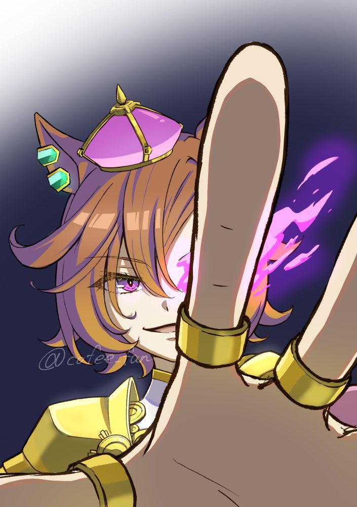 cofee fan, t.m. opera o (umamusume), umamusume, umamusume: beginning of a new era, umamusume: road to the top, 1girl, animal ears, close-up, crown, ear ornament, flaming eye, horse ears, horse girl, jewelry, looking at viewer, mini crown, orange hair, pink crown, reaching, reaching towards viewer, ring, solo, solo focus