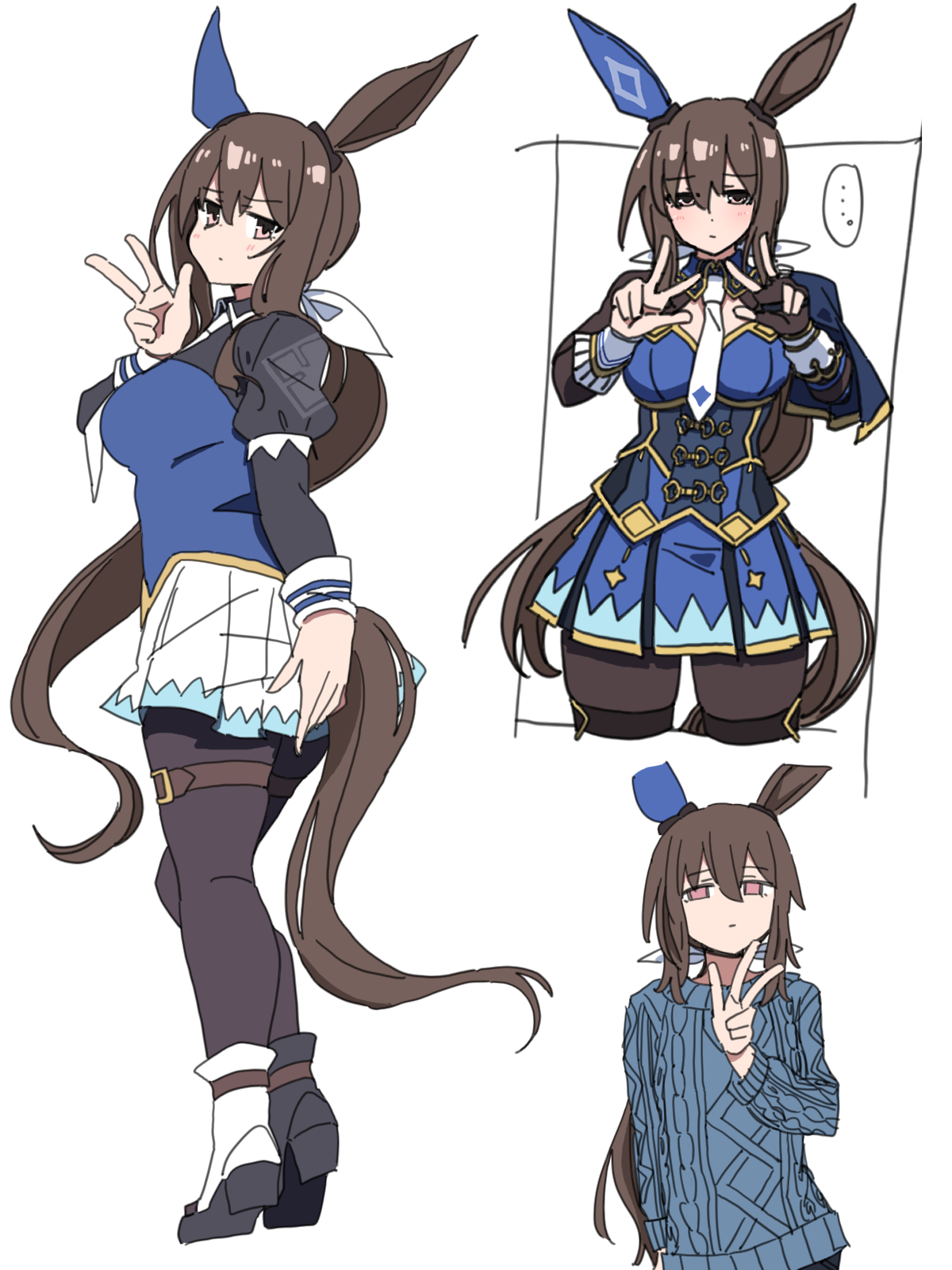 durindana 7, admire vega (umamusume), umamusume, umamusume: road to the top, highres, 1girl, admire vega (starry nocturne) (umamusume), animal ears, brown hair, clothing cutout, covering ass, covering privates, ear covers, ear ornament, horse ears, horse girl, horse tail, looking at viewer, low ponytail, multiple views, necktie, ponytail, single ear cover, sweater, tail, tail through clothes, unamused, v, white necktie
