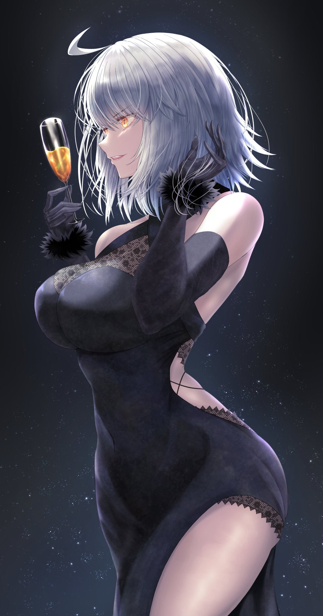 penguintake, jeanne d'arc alter (fate), fate/grand order, fate (series), highres, ahoge, alcohol, back cutout, black background, black dress, black gloves, breasts, champagne flute, cleavage, clothing cutout, cup, detached sleeves, dress, drinking glass, fur cuffs, gloves, hand in own hair, large breasts, see-through cleavage, see-through clothes, thighs, white hair, wine, yellow eyes