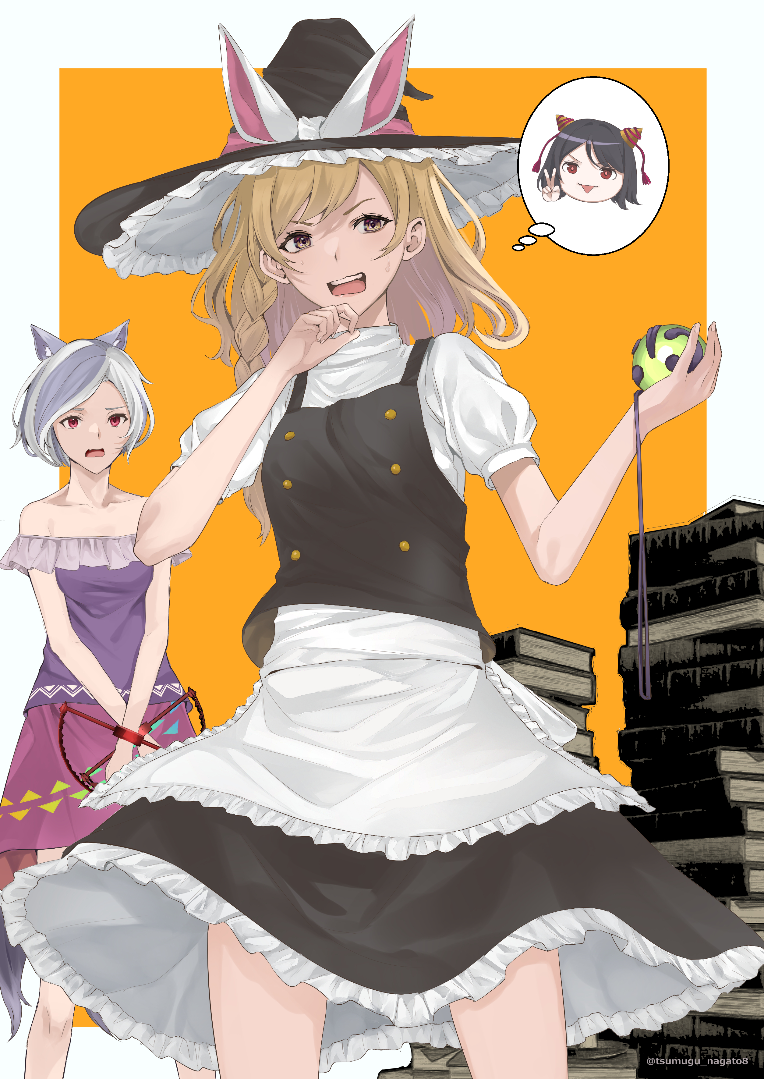 nagato tsumugu, kirisame marisa, mitsugashira enoko, nippaku zanmu, touhou, unfinished dream of all living ghost, absurdres, commentary request, highres, 2girls, animal ears, apron, bear trap, black hair, black hat, black skirt, black vest, blonde hair, blue streaks, book, book stack, border, bow, braid, buttons, collarbone, feet out of frame, frilled apron, frills, gem, green gemstone, grey hair, hand up, hat, hat bow, hat ribbon, long hair, multiple girls, off-shoulder shirt, off shoulder, open mouth, orange background, pink ribbon, pink skirt, purple shirt, rectangular mouth, red eyes, ribbon, shirt, single braid, skirt, small horns, speech bubble, sweatdrop, teeth, thighs, thought bubble, upper teeth only, vest, white apron, white border, white bow, white shirt, witch hat, wolf ears, wolf girl, yellow eyes