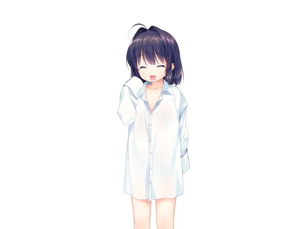 piyodera mucha, kotae (otomari koibito lolita), otomari koibito lolita, game cg, non-web source, 1girl, :d, ahoge, black hair, closed eyes, collarbone, collared shirt, cowboy shot, hand up, long sleeves, medium hair, no pants, open mouth, shirt, simple background, sleeves past fingers, sleeves past wrists, smile, solo, tachi-e, transparent background, white shirt