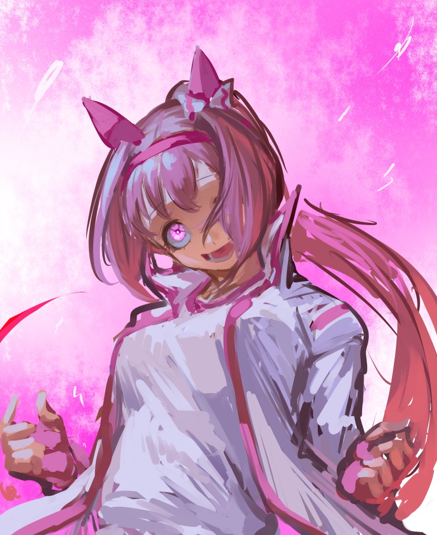 inishie kumo, haru urara (bestest prize) (umamusume), haru urara (umamusume), umamusume, 1girl, animal ears, bow, buruma, ear bow, ear covers, flower-shaped pupils, flower in eye, hairband, headband, horse ears, horse girl, jacket, long hair, open mouth, pink background, pink eyes, pink hair, pink headband, ponytail, red buruma, red headband, shirt, smile, solo, symbol-shaped pupils, symbol in eye
