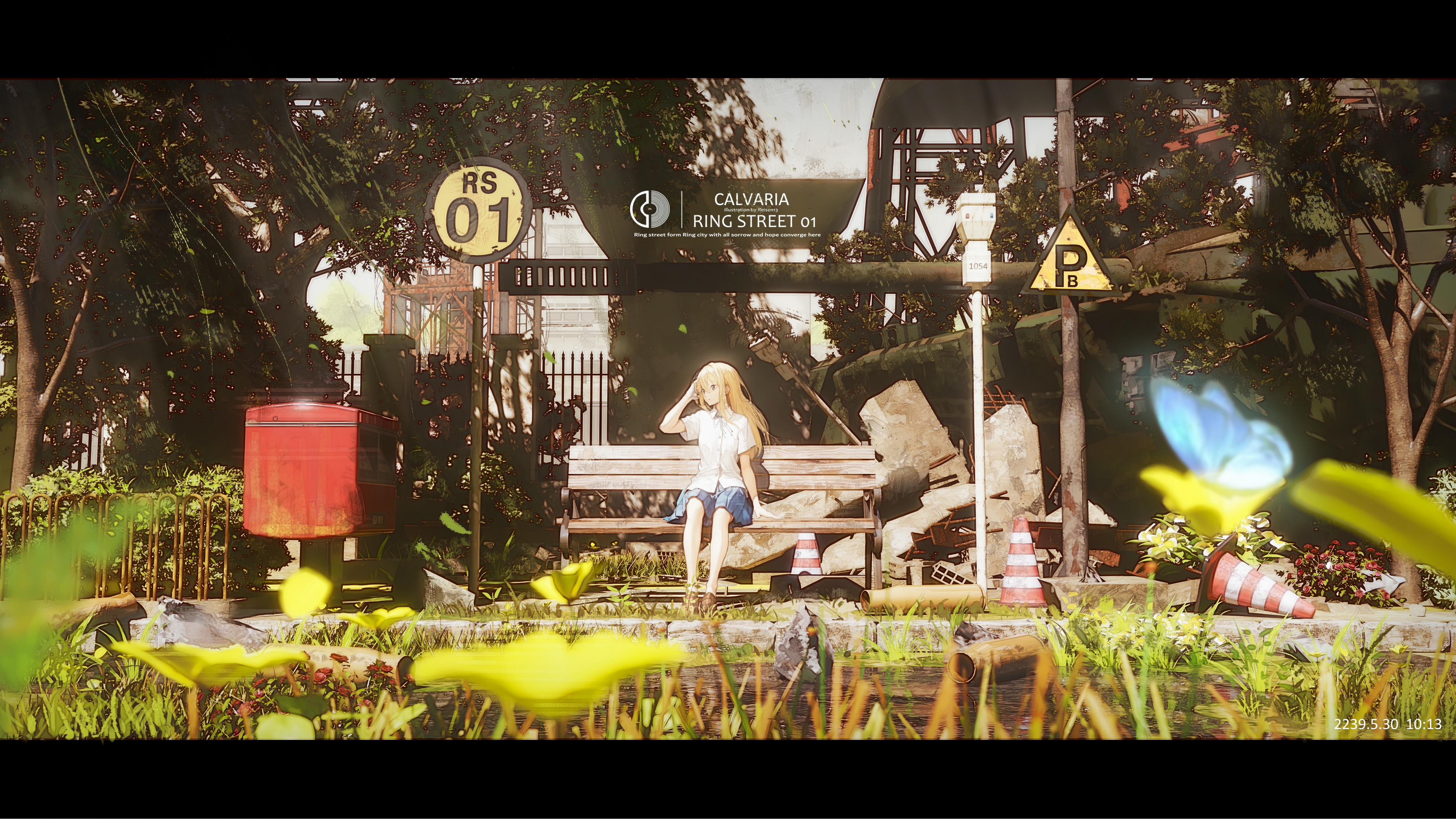 reisen13, original, absurdres, commentary request, highres, 1girl, artist name, bench, blonde hair, blue butterfly, blue skirt, bug, butterfly, dated, day, english text, grass, grey eyes, hand in own hair, insect, letterboxed, long hair, looking to the side, outdoors, road sign, scenery, shirt, short sleeves, sign, signpost, sitting, skirt, solo, traffic cone, tree, white shirt, wide shot