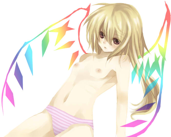 ruki1006, flandre scarlet, touhou, bad id, bad pixiv id, 1girl, blonde hair, female focus, flat chest, hair between eyes, loli, nipples, panties, solo, topless female, underwear, wings