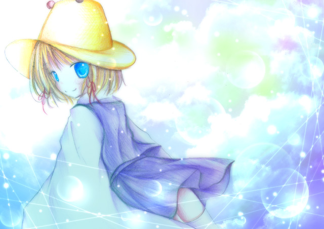 kasuga sunao, moriya suwako, touhou, bad id, bad pixiv id, 1girl, blonde hair, female focus, gradient background, hat, ribbon, short hair, skirt, solo, thighhighs, white background