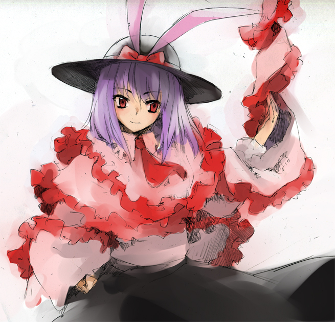 ikuhana niiro, nagae iku, touhou, bad id, bad pixiv id, 1girl, capelet, female focus, gradient background, grey background, hat, iku hananiiro, purple hair, ribbon, short hair, solo
