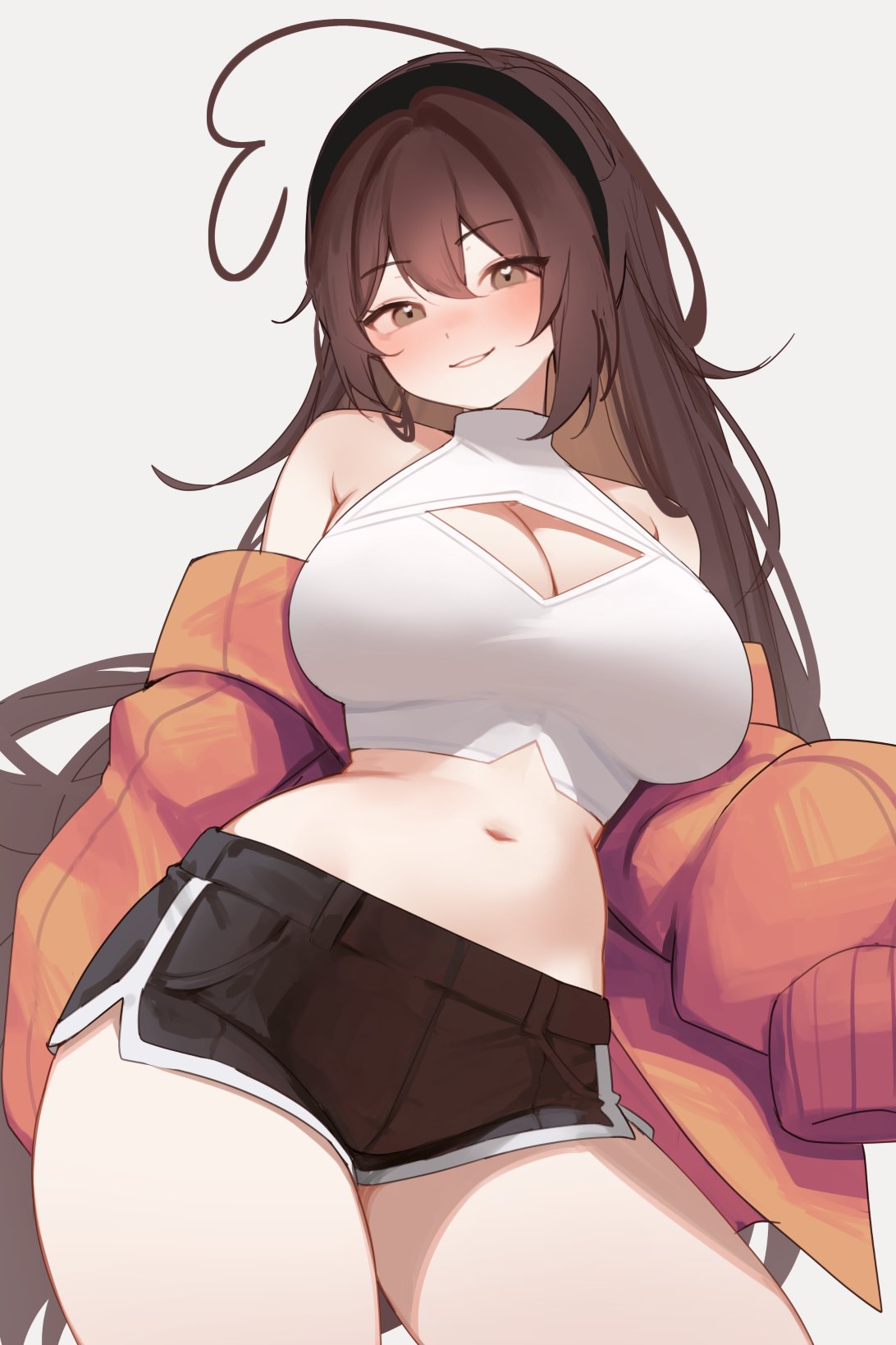 sky above me, sky above me (vtuber), indie virtual youtuber, highres, 1girl, ahoge, bare shoulders, black hairband, black shorts, breasts, brown eyes, brown hair, cleavage, cleavage cutout, clothing cutout, contrapposto, cowboy shot, cropped shirt, curvy, double-parted bangs, hair between eyes, hairband, heart, heart ahoge, heart in eye, jacket, large breasts, long hair, looking at viewer, midriff, navel, off shoulder, orange jacket, parted lips, shirt, short shorts, shorts, sleeveless, sleeveless shirt, sleeves past fingers, sleeves past wrists, smile, solo, symbol in eye, thick thighs, thighs, very long hair, white shirt