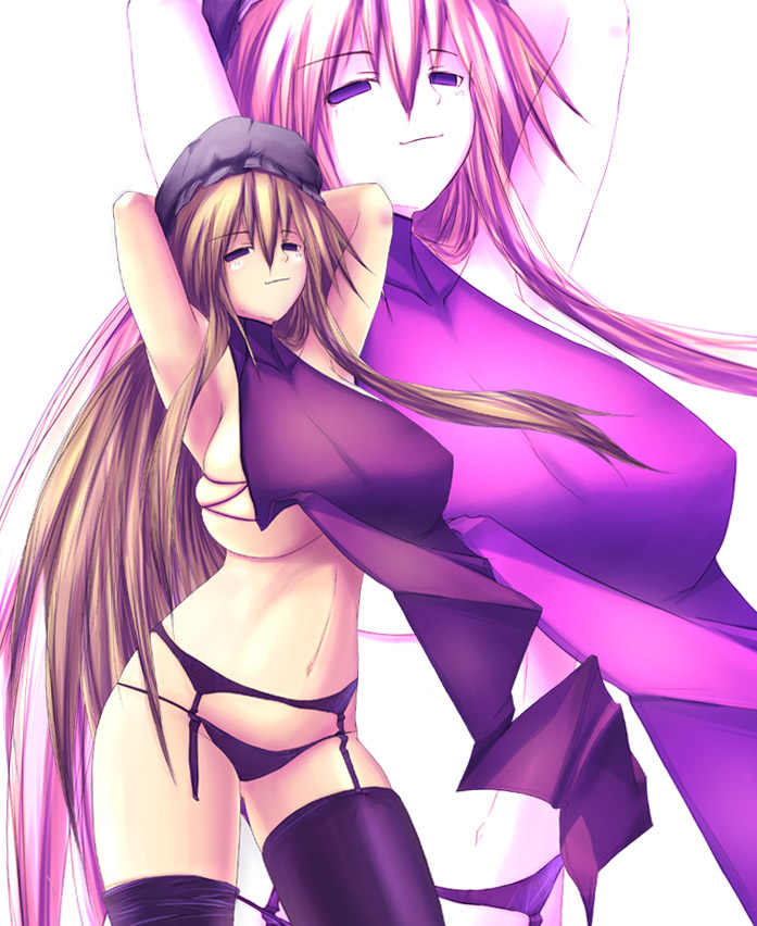 onibi (foxhound4185), yakumo yukari, touhou, bad id, bad pixiv id, 1girl, blonde hair, breasts, brown hair, empty eyes, female focus, hat, huge breasts, long hair, panties, solo, thighhighs, underwear, white background, zoom layer