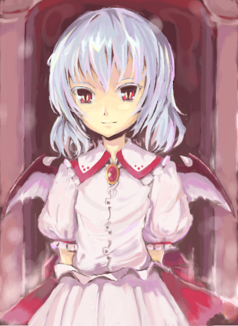 interstellar, remilia scarlet, touhou, 1girl, blue hair, female focus, short hair, skirt, solo, wings