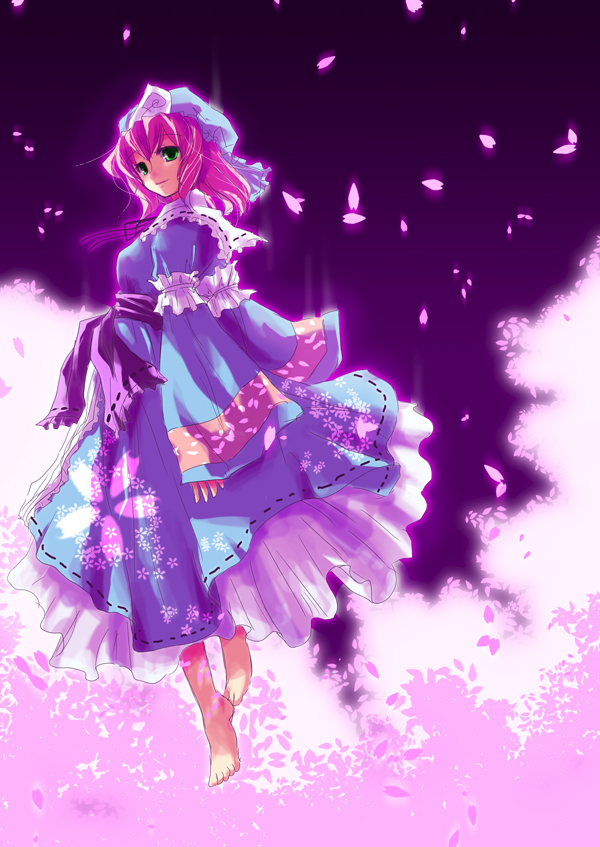 mizuki riko, saigyouji yuyuko, touhou, bad id, bad pixiv id, 1girl, barefoot, cherry blossoms, female focus, floating, green eyes, hat, japanese clothes, kimono, petals, pink hair, ribbon, short hair, smile, solo