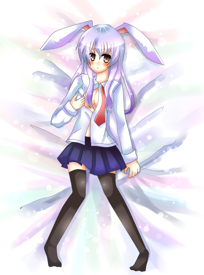 uranaishi (miraura), mirage, reisen udongein inaba, touhou, bad id, bad pixiv id, 1girl, animal ears, breasts, cleavage, female focus, long hair, purple hair, rabbit ears, shirt, skirt, solo, thighhighs