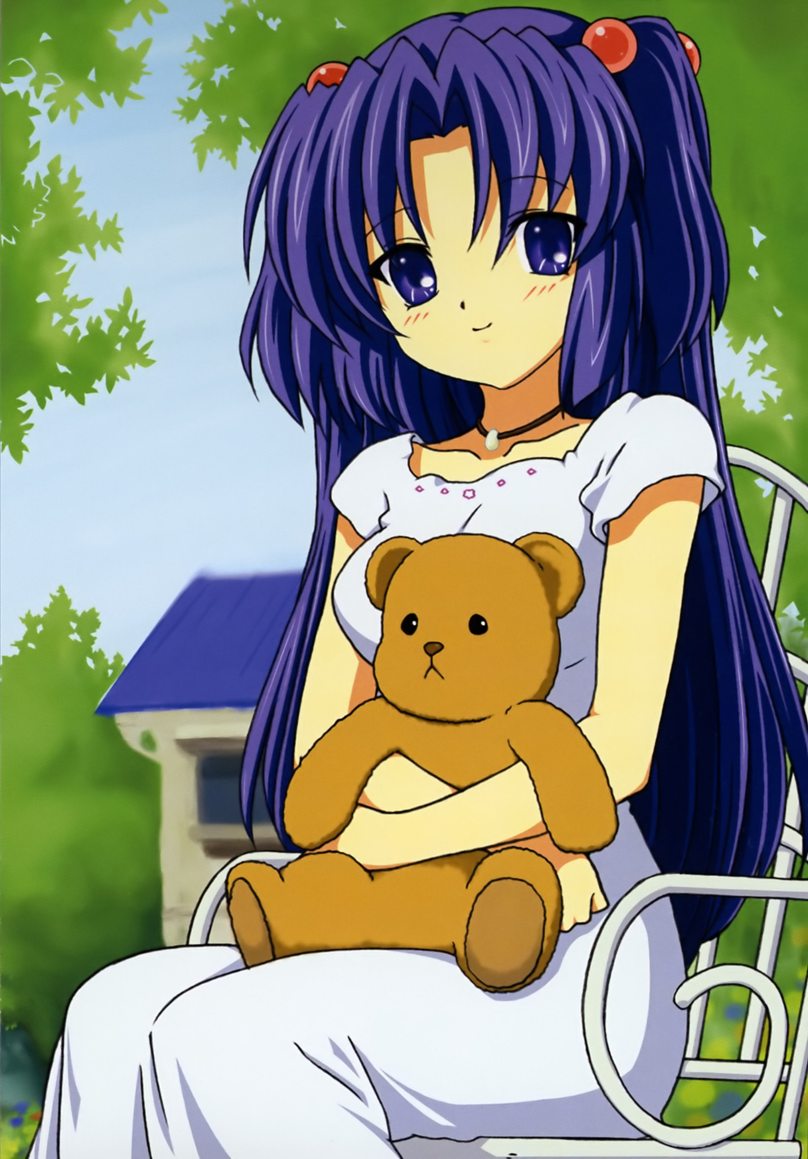 ichinose kotomi, clannad, highres, 00s, 1girl, bear, female focus, hair bobbles, hair ornament, solo, stuffed animal, stuffed toy, teddy bear, two side up