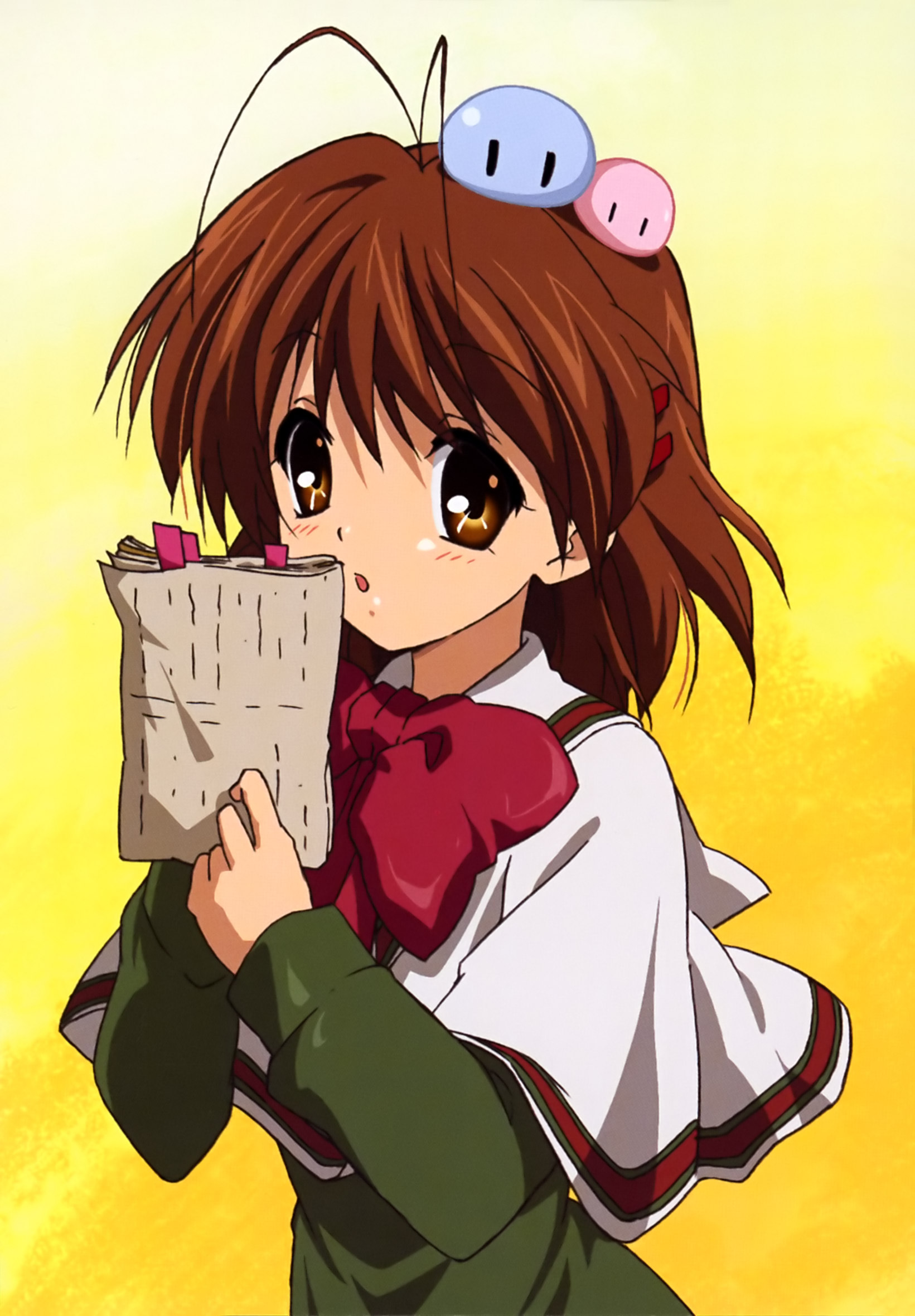 furukawa nagisa, clannad, dango daikazoku, highres, scan, 00s, antenna hair, dango, food, solo, wagashi