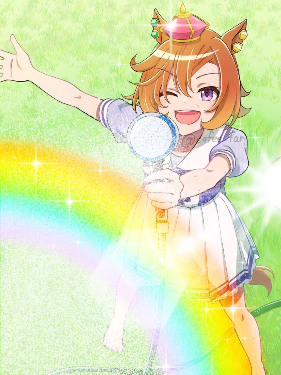 cofee fan, t.m. opera o (umamusume), umamusume, umamusume: beginning of a new era, umamusume: road to the top, highres, 1girl, animal ears, crown, ear ornament, hair between eyes, holding, holding hose, horse ears, horse girl, horse tail, hose, hose nozzle, long sleeves, looking at viewer, mini crown, open mouth, orange hair, orange tail, pink crown, purple eyes, rainbow, school uniform, shirt, short hair, skirt, smile, tail, tracen school uniform, two-tone skirt