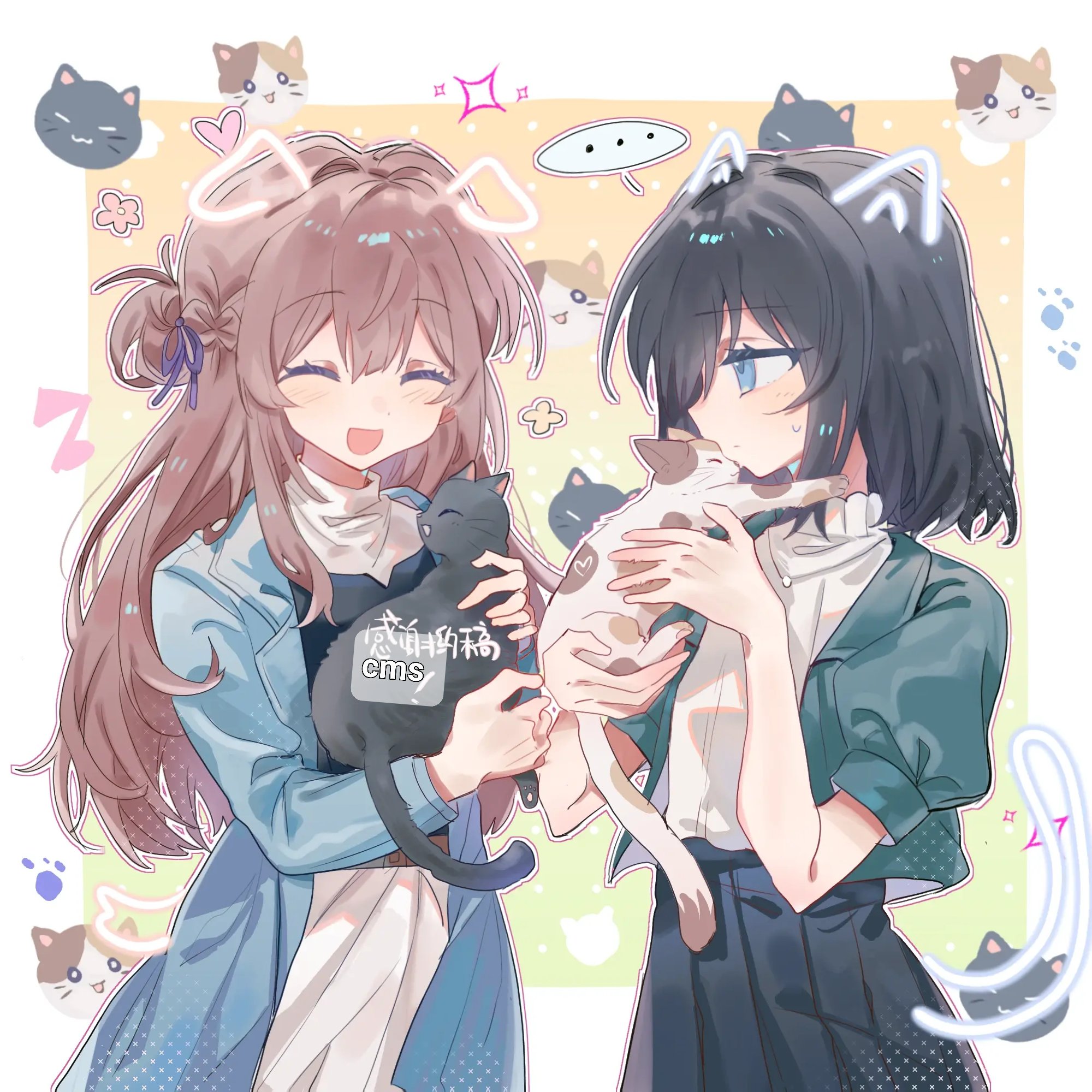 okamo (oakm071), miyagi shiori, sendai hazuki, shuuniichido classmate wo kau hanashi, highres, …, 2girls, ^ ^, animal, animal ears, black hair, braid, brown hair, cat, closed eyes, holding, holding animal, holding cat, long hair, medium hair, multiple girls, smile, spoken ellipsis, tail