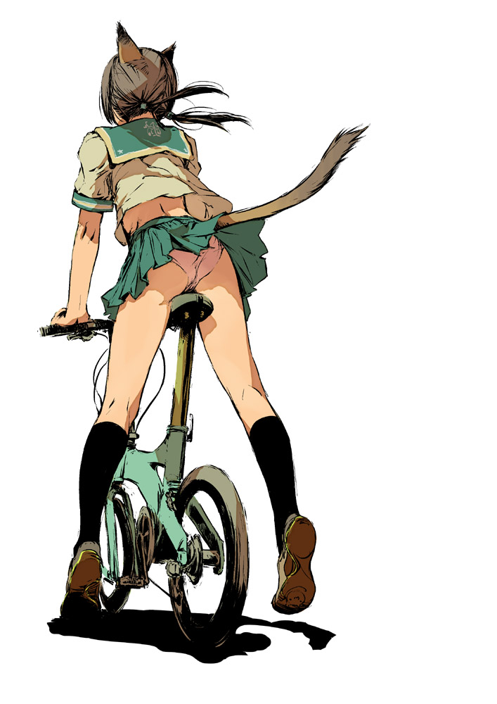 branch (blackrabbits), mithra (ff11), final fantasy, final fantasy xi, bad id, bad pixiv id, 00s, 1girl, animal ears, ass, bicycle, brown hair, cat ears, cat tail, clothes lift, female focus, folding bicycle, kneehighs, lifted by tail, midriff, panties, pantyshot, pink panties, pleated skirt, school uniform, serafuku, simple background, skirt, skirt lift, socks, solo, tail, tall bicycle, twintails, underwear, upskirt, white background