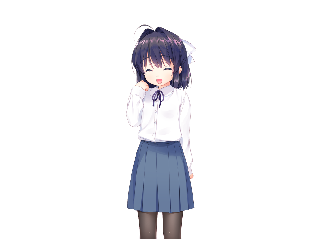 piyodera mucha, kotae (otomari koibito lolita), otomari koibito lolita, game cg, non-web source, 1girl, :d, ahoge, black hair, black pantyhose, blue skirt, buttons, closed eyes, collared shirt, cowboy shot, hair ribbon, hand up, long sleeves, medium hair, neck ribbon, open mouth, pantyhose, pleated skirt, purple ribbon, ribbon, shirt, simple background, skirt, smile, solo, tachi-e, transparent background, white ribbon, white shirt