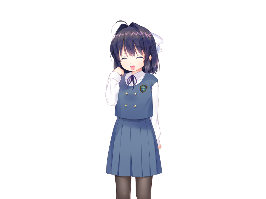 piyodera mucha, kotae (otomari koibito lolita), otomari koibito lolita, game cg, non-web source, 1girl, :d, ahoge, black hair, black pantyhose, blue skirt, blue vest, buttons, closed eyes, collared shirt, cowboy shot, double-breasted, hair ribbon, hand up, long sleeves, medium hair, neck ribbon, open mouth, pantyhose, pleated skirt, purple ribbon, ribbon, shirt, simple background, skirt, smile, solo, tachi-e, transparent background, vest, white ribbon, white shirt