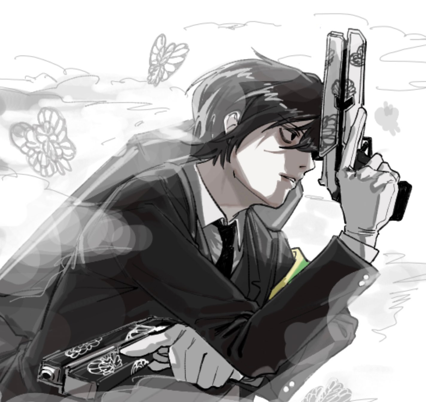 kokoda wa, yi sang (project moon), limbus company, project moon, highres, 1boy, armband, black eyes, black hair, black jacket, black necktie, black suit, bug, butterfly, collared shirt, e.g.o (project moon), formal clothes, gloves, green armband, gun, holding, holding gun, holding weapon, insect, jacket, long sleeves, looking to the side, male focus, necktie, shirt, short hair, simple background, solemn lament (e.g.o), solo, suit, upper body, weapon, white background, white butterfly, white gloves, white shirt