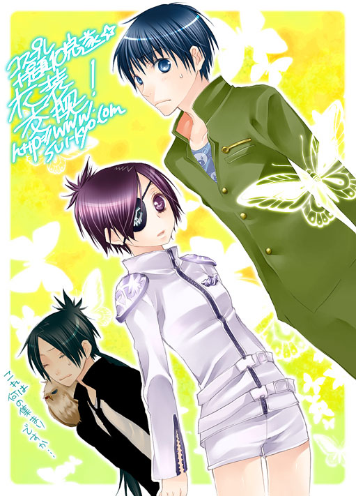 toriniku (suikyou), chrome dokuro, leonardo lippi, rokudou mukuro, katekyo hitman reborn!, 00s, 1girl, 2boys, bird, black hair, blue eyes, blue hair, bug, butterfly, dutch angle, eyepatch, gakuran, millefiore family, multiple boys, necktie, owl, purple eyes, purple hair, school uniform, serafuku, short hair, suikyoo