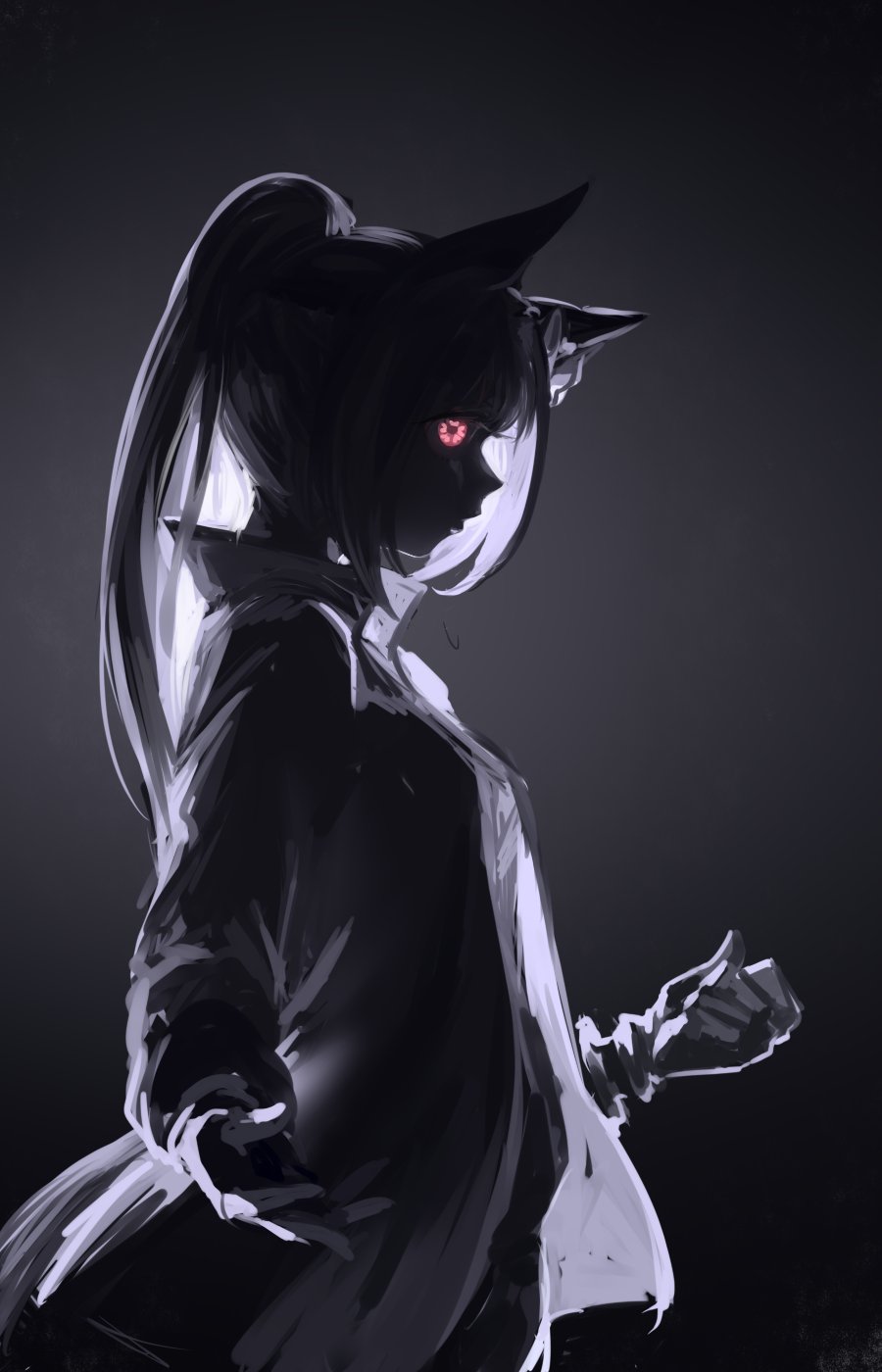 inishie kumo, haru urara (bestest prize) (umamusume), haru urara (umamusume), umamusume, highres, 1girl, alternate color, animal ears, black background, black gloves, black jacket, bow, ear bow, ear covers, ear ornament, flower in eye, gloves, greyscale, horse ears, horse girl, horse tail, jacket, looking at viewer, monochrome, pink eyes, symbol in eye, tail