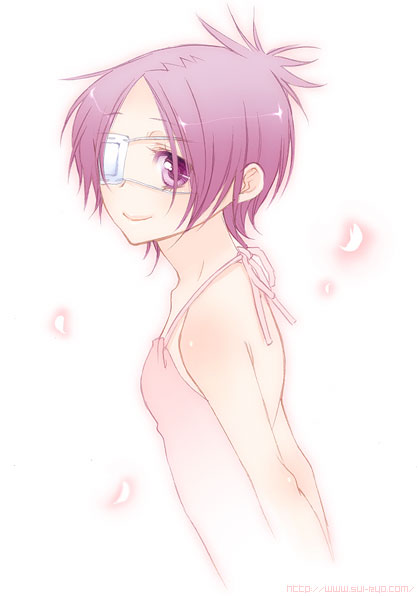 toriniku (suikyou), chrome dokuro, katekyo hitman reborn!, 00s, 1girl, arms behind back, dress, eyepatch, female focus, petals, purple eyes, purple hair, short hair, simple background, solo, suikyoo, watermark