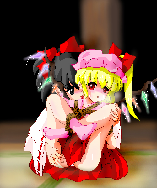 flandre scarlet, hakurei reimu, touhou, 2girls, bdsm, black hair, blonde hair, bondage, bound, female focus, hat, licking another's neck, mob cap, multiple girls, oekaki, rope, yuri