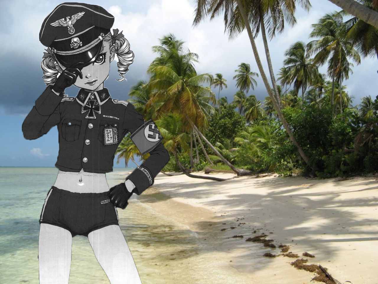 neo black, shena apfel, original, third-party edit, 1girl, armband, beach, black buruma, buruma, buttons, cloud, coconut tree, cowboy shot, crop top, cross, curly hair, day, drill hair, facing viewer, female focus, flat chest, gloves, hair ribbon, hand on own hip, hat, hat tip, iron cross, leather, lipstick, makeup, midriff, military, military uniform, mole, mole above mouth, monochrome, name tag, nature, navel, nazi, ocean, outdoors, palm tree, peaked cap, photo background, ribbon, safety pin, schutzstaffel, short hair, skull and crossbones, sky, solo, standing, swastika, tree, twin drills, twintails, water, world war ii