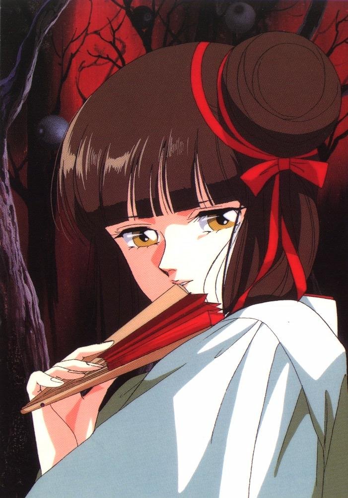 kakinouchi narumi, miyu (vampire princess miyu), vampire princess miyu, 1990s (style), 1girl, blunt bangs, brown hair, covering face, covering own mouth, covering privates, female focus, folded fan, folding fan, hair bun, hand fan, hime cut, japanese clothes, long hair, looking at viewer, retro artstyle, ribbon, single hair bun, single side bun, smile, solo, yellow eyes
