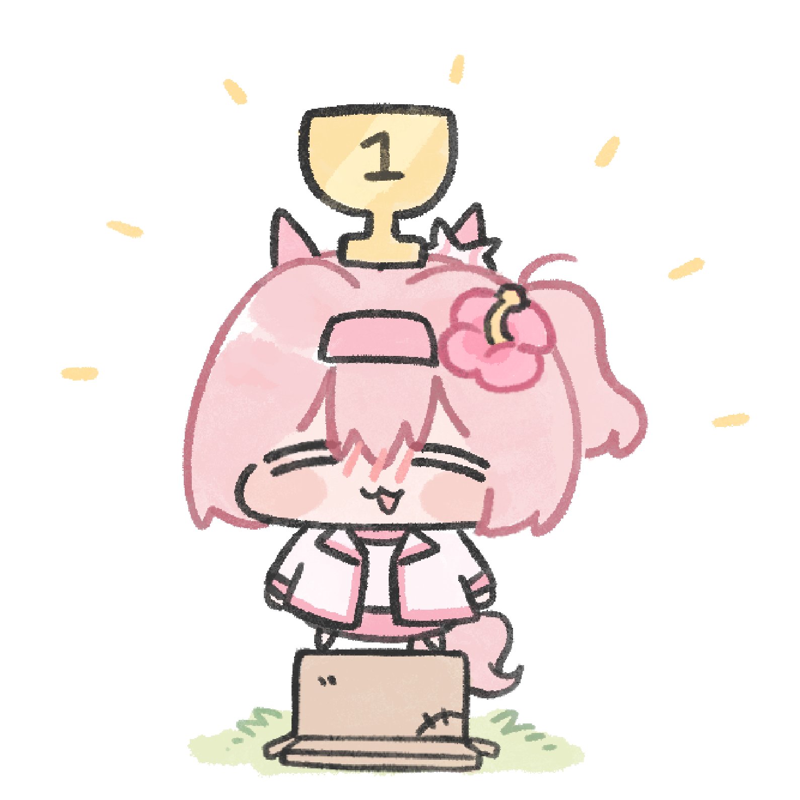 yunayuispink, haru urara (umamusume), umamusume, highres, :3, = =, animal ears, bow, box, cardboard box, closed eyes, ear bow, flower, hair flower, hair ornament, headband, hibiscus, horse ears, horse girl, horse tail, open mouth, pink hair, pink headband, ponytail, tail, trophy