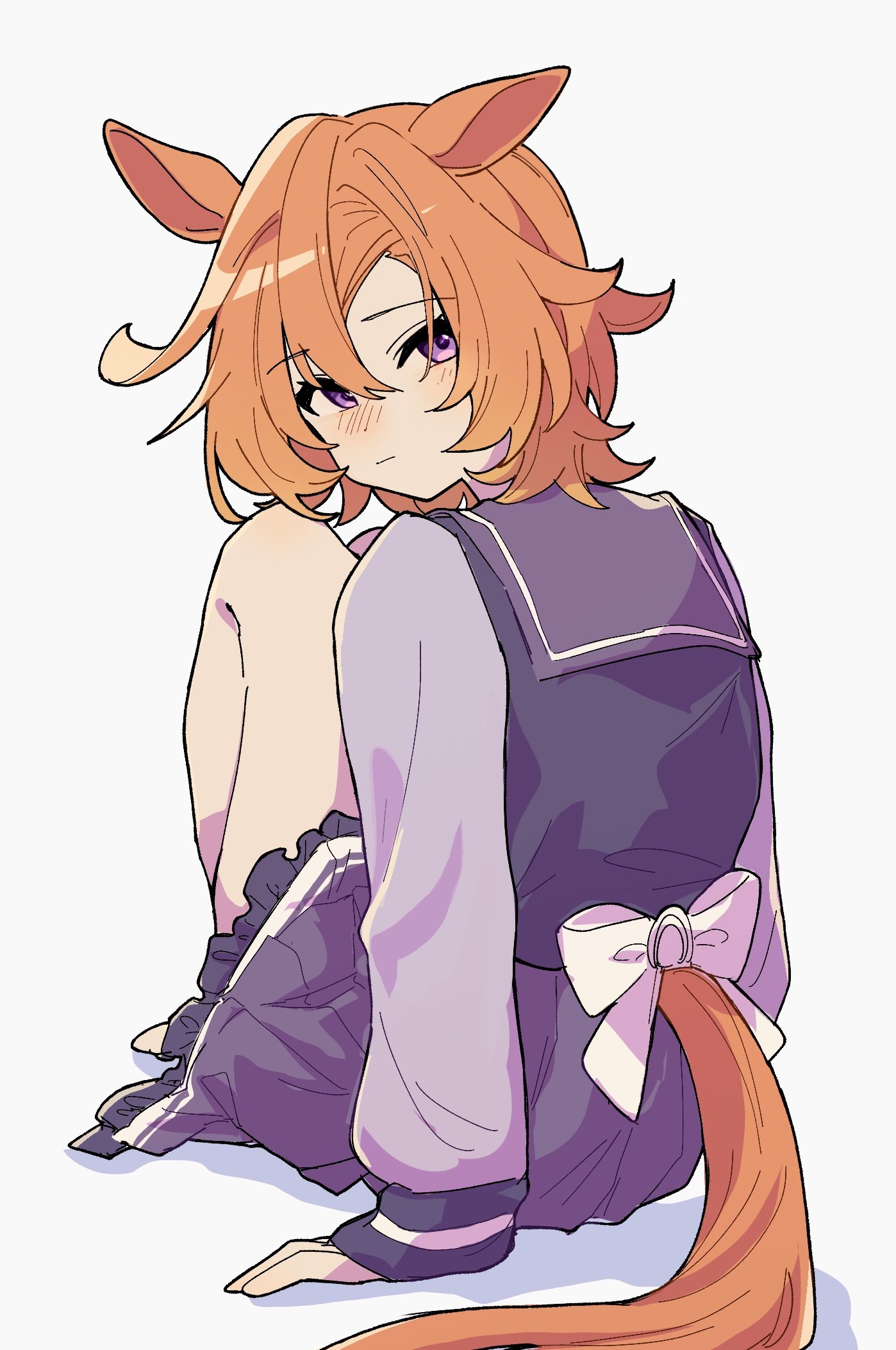 amano (amano miko), t.m. opera o (umamusume), umamusume, umamusume: beginning of a new era, umamusume: road to the top, highres, 1girl, animal ears, hair between eyes, horse ears, horse girl, horse tail, long sleeves, looking at viewer, orange hair, orange tail, purple eyes, school uniform, short hair, skirt, tail, tracen school uniform, two-tone skirt