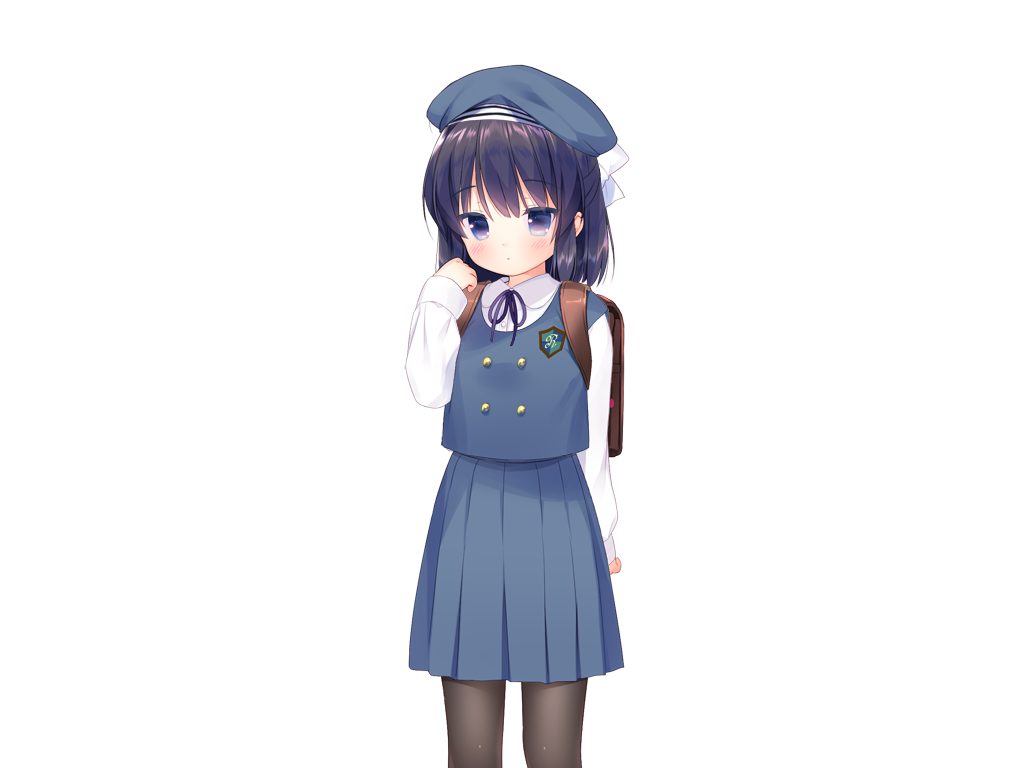 piyodera mucha, kotae (otomari koibito lolita), otomari koibito lolita, game cg, non-web source, 1girl, ahoge, backpack, bag, black hair, black pantyhose, blue eyes, blue skirt, blue vest, blush, buttons, closed mouth, collared shirt, cowboy shot, double-breasted, hair ribbon, hand up, long sleeves, looking at viewer, medium hair, neck ribbon, pantyhose, pleated skirt, purple ribbon, ribbon, shirt, simple background, skirt, solo, tachi-e, transparent background, vest, white ribbon, white shirt