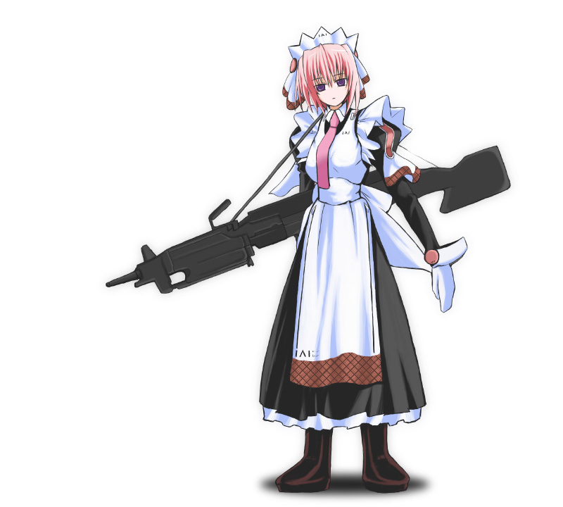 uniform, apron, boots, combat maid, gloves, gun, light machine gun, m249 saw, machine gun, maid, maid apron, solo, squad automatic weapon, weapon