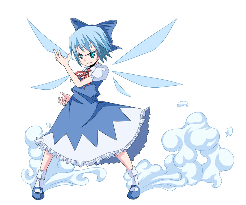 n (ruff), ruff (pixiv), cirno, embodiment of scarlet devil, touhou, 1girl, blue dress, blue hair, bow, dress, female focus, fighting stance, full body, hair bow, legs apart, mary janes, ribbon, serious, shoes, short hair, simple background, smoke, solo, standing, wings