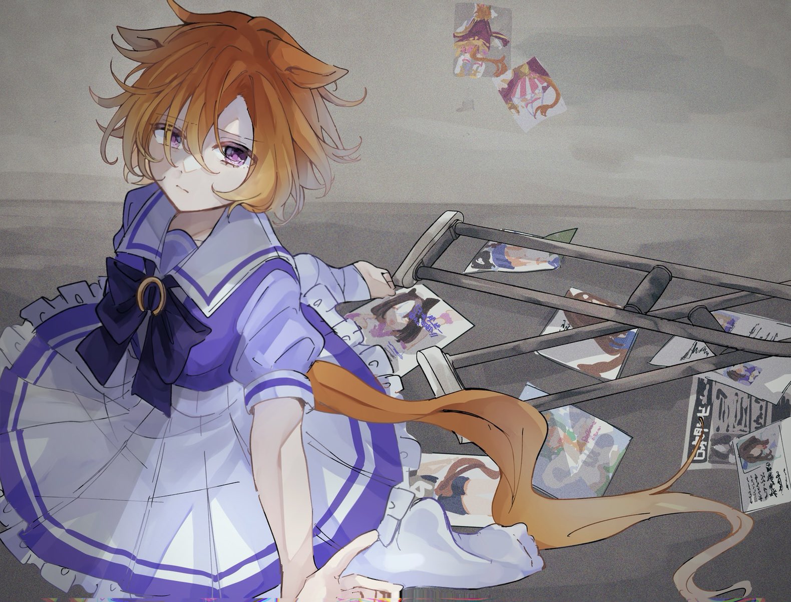 mia umauma, admire vega (umamusume), grass wonder (umamusume), silence suzuka (umamusume), special week (umamusume), t.m. opera o (umamusume), umamusume, umamusume: beginning of a new era, umamusume: road to the top, highres, animal ears, bandaged leg, bandages, cape, crown, crutch, horse ears, horse girl, horse tail, mini crown, orange hair, orange tail, pink cape, pink crown, school uniform, tail, tracen school uniform, two-tone skirt