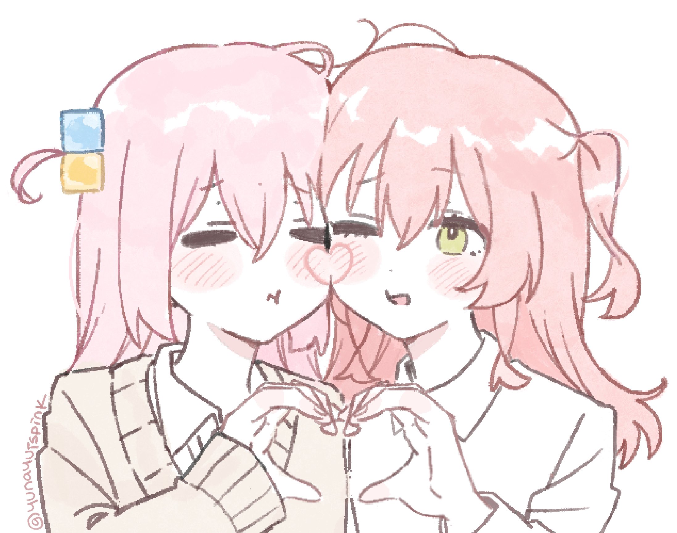 yunayuispink, gotoh hitori, kita ikuyo, bocchi the rock!, highres, 2girls, cheek-to-cheek, closed eyes, cube hair ornament, green eyes, hair ornament, heads together, heart, heart hands, multiple girls, one eye closed, one side up, pink hair, red hair, side ahoge, yuri